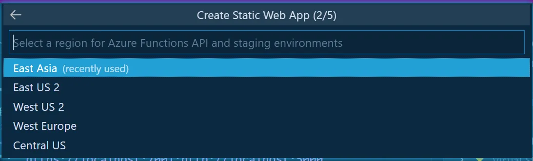 Azure SWA extension dialogue box with a dropdown displaying Azure regions
