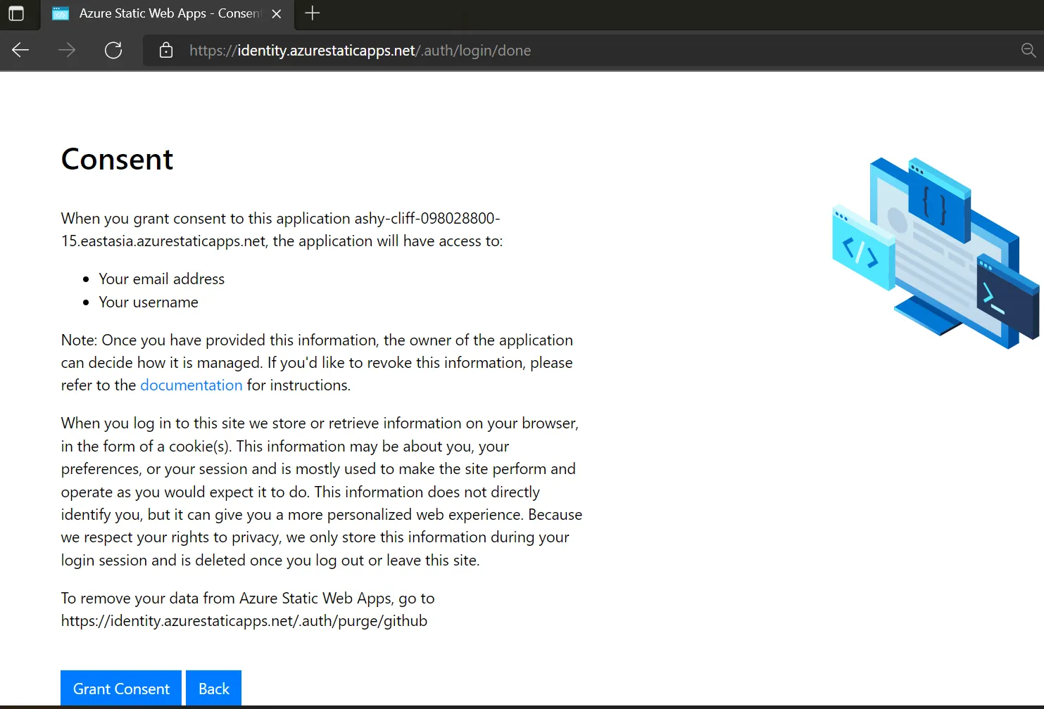 Azure consent page when visiting the site for the first time