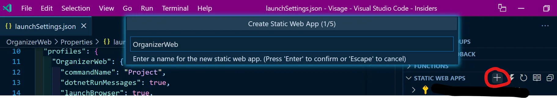 Azure SWA extension with the plus icon circled in red