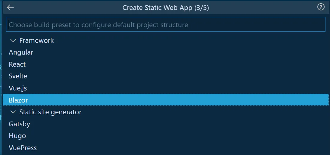 Azure SWA extension dialogue box with a dropdown displaying different frontend frameworks