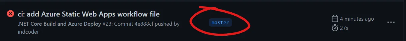 Azure SWA GitHub action fail by running on default Git branch