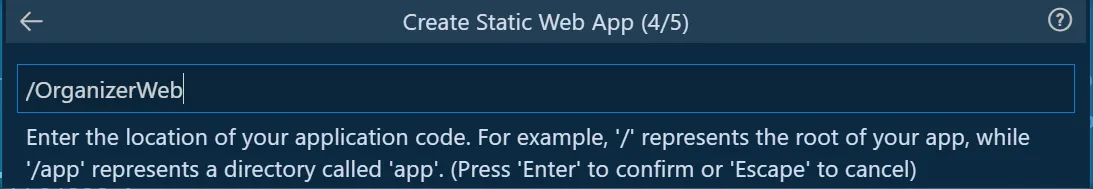 Azure SWA extension dialogue box with a textbox filled with the source folder location