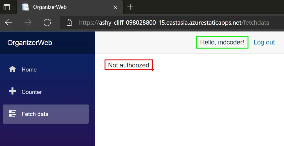 Weather Forecast page on stage with username highlighted in green and the page message of Unauthorized access highlighted in red