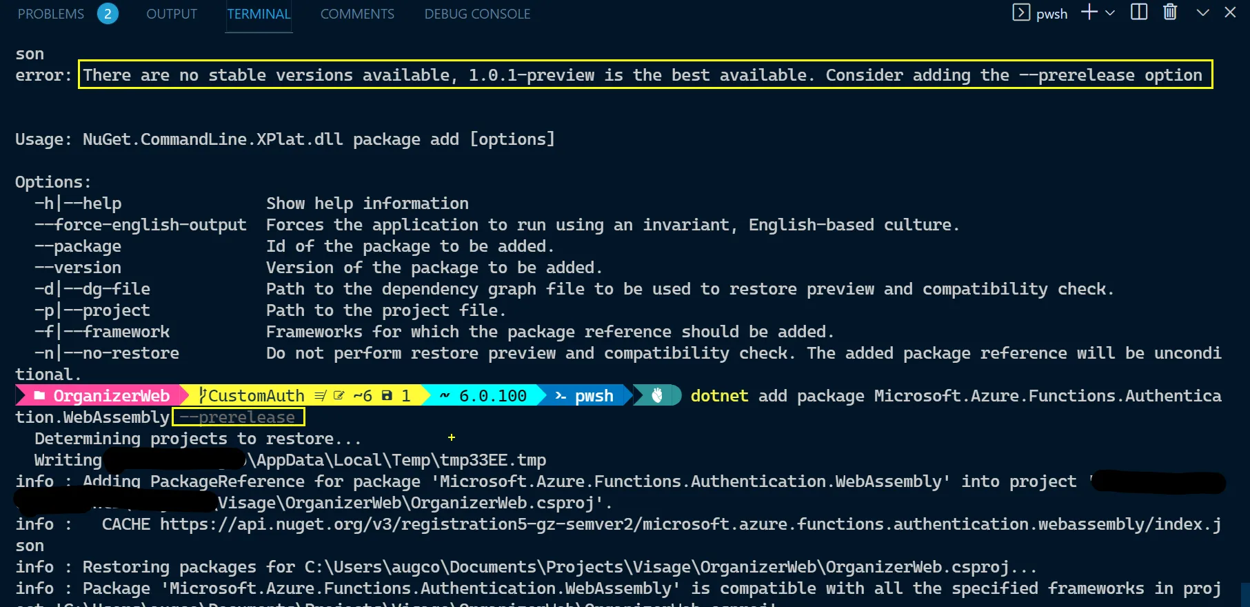 VS Code terminal showing dotnet add package failing with a request to use prerelease version