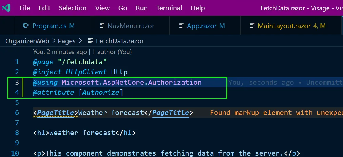 FetchData.razor file with the code addition highlighted in green