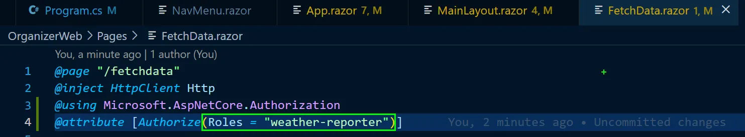 fetch data code with Authorize attribute amended with weather-reporter role