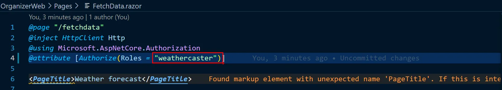 Role in Authorize attribute changed to weather caster in Fetch data razor page