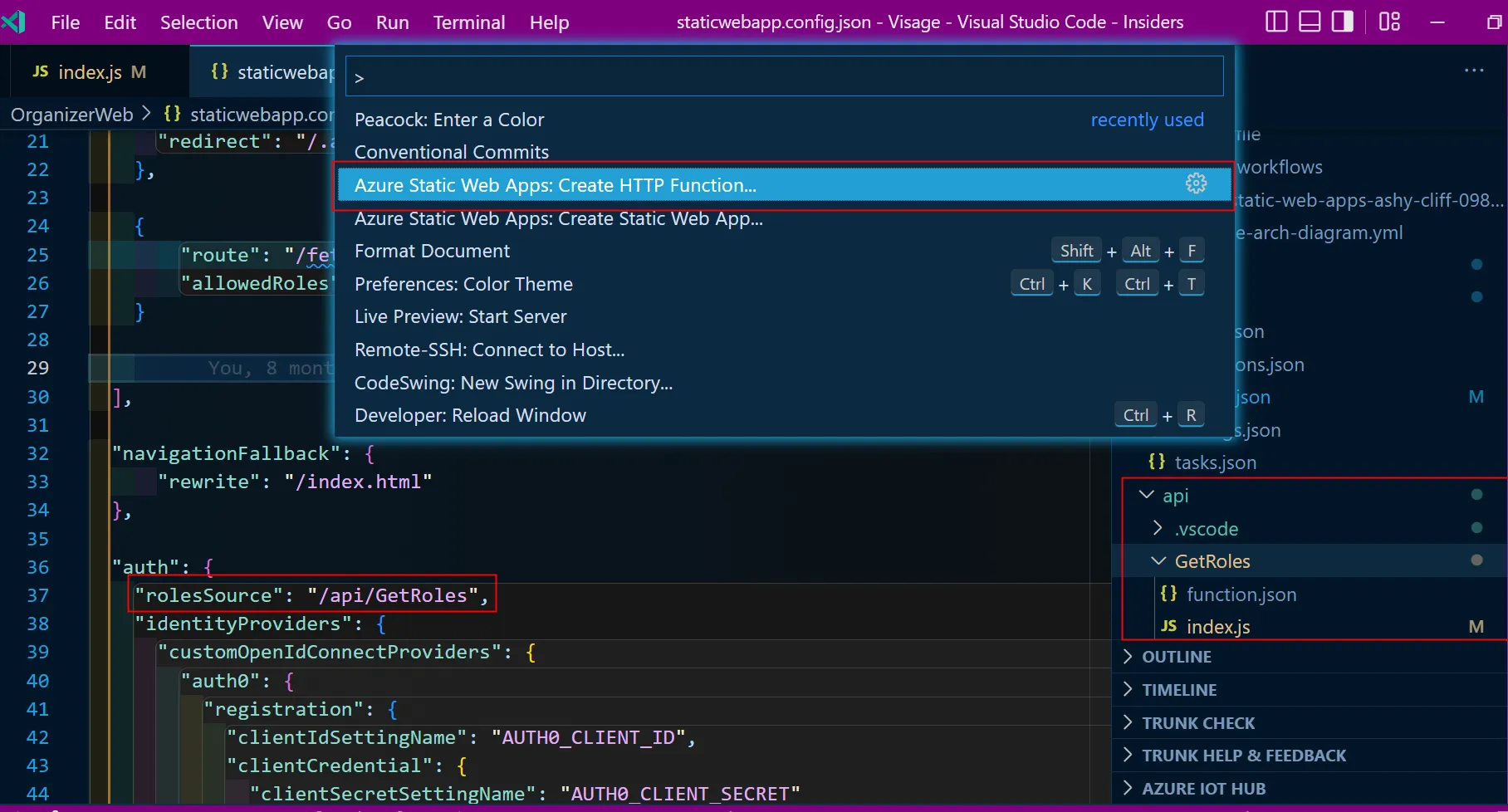 VS Code with highlights of the Command Palette, SWA config file in the code editor tab and thenewly created folder and files under the File Explorer