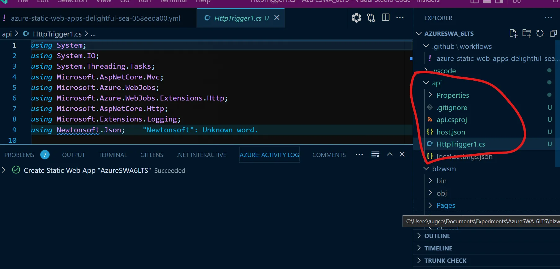 VS Code File Folder side tab with api folder highlighted in red