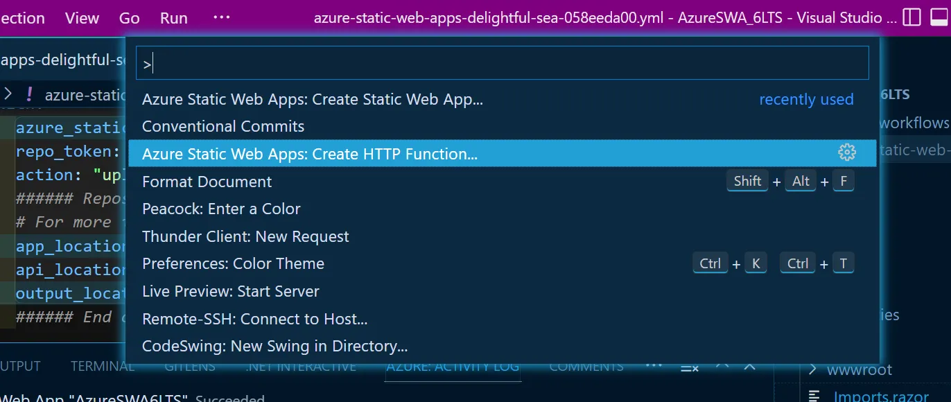VS Code extension command palette expanded with the Create API command in the middle of the list