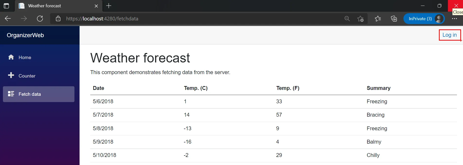 Weather Forecast page with the Login