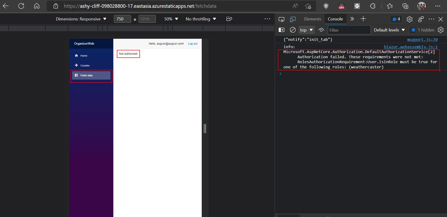 Weather Forecast Fetch data page with Not Authorized highlighted on the page
