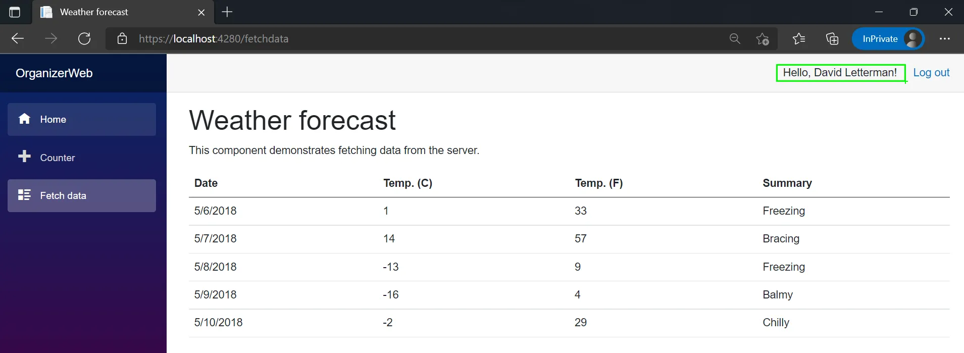 Weather Forecast page successfully displayed with David Letterman highlighted in green
