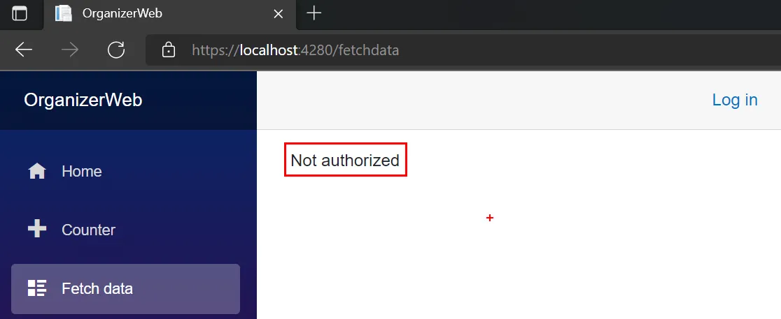 Weather Forecast page displaying Not Authorized message which is highlighted in red
